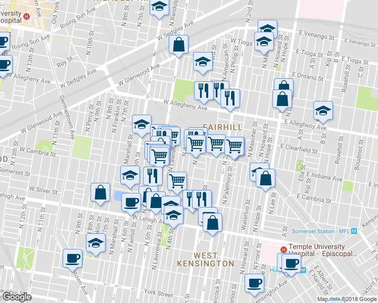 map of restaurants, bars, coffee shops, grocery stores, and more near 321 West Indiana Avenue in Philadelphia