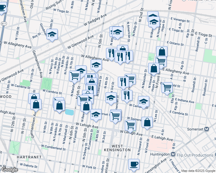 map of restaurants, bars, coffee shops, grocery stores, and more near 321 West Indiana Avenue in Philadelphia