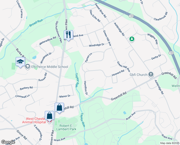 map of restaurants, bars, coffee shops, grocery stores, and more near 1231 Hamilton Drive in West Chester