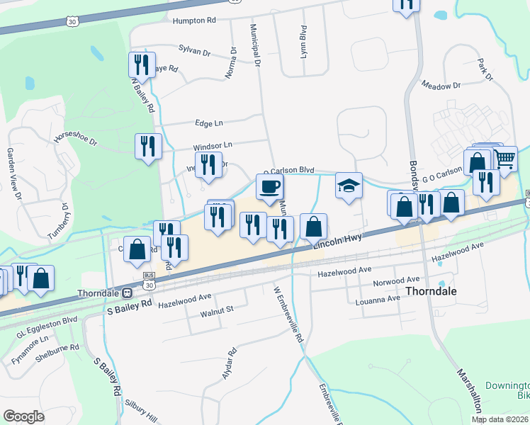map of restaurants, bars, coffee shops, grocery stores, and more near 3455 Lincoln Highway in Thorndale