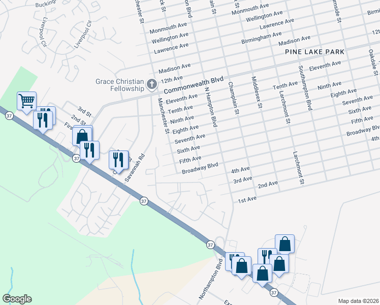 map of restaurants, bars, coffee shops, grocery stores, and more near 632 6th Avenue in Toms River
