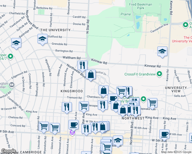 map of restaurants, bars, coffee shops, grocery stores, and more near 1855 Northwest Boulevard in Columbus