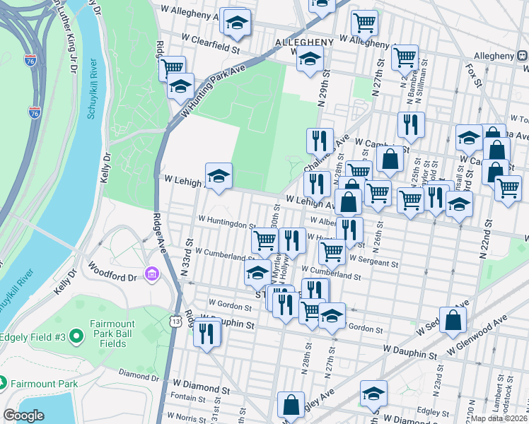 map of restaurants, bars, coffee shops, grocery stores, and more near 2609 North Stanley Street in Philadelphia
