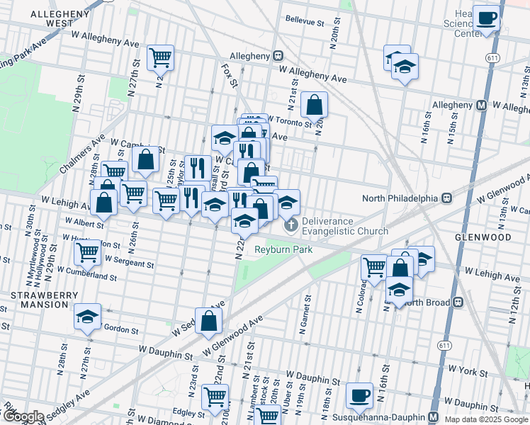 map of restaurants, bars, coffee shops, grocery stores, and more near 2101 West Lehigh Avenue in Philadelphia