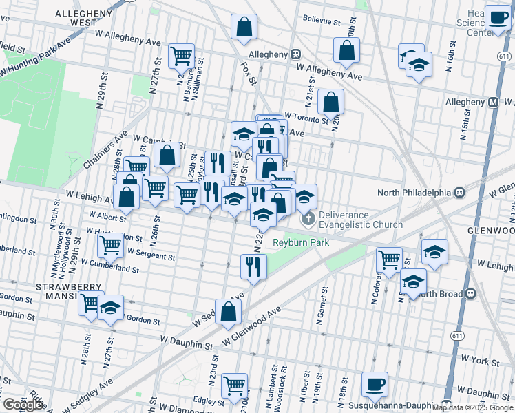 map of restaurants, bars, coffee shops, grocery stores, and more near 2737 North Croskey Street in Philadelphia