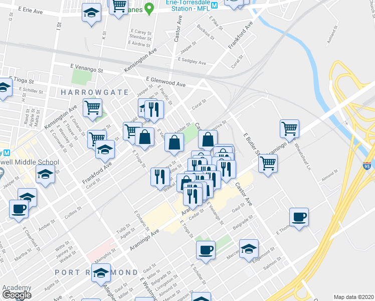 map of restaurants, bars, coffee shops, grocery stores, and more near 3634 Sepviva Street in Philadelphia