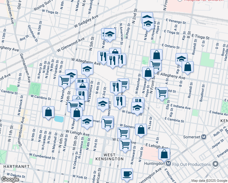 map of restaurants, bars, coffee shops, grocery stores, and more near 3018 North American Street in Philadelphia