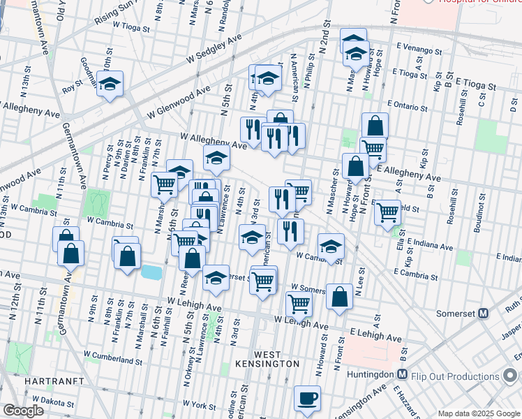 map of restaurants, bars, coffee shops, grocery stores, and more near 262 West Mayfield Street in Philadelphia