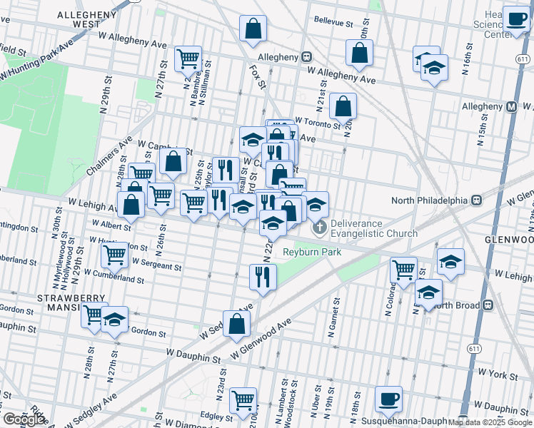 map of restaurants, bars, coffee shops, grocery stores, and more near 2737 North Croskey Street in Philadelphia