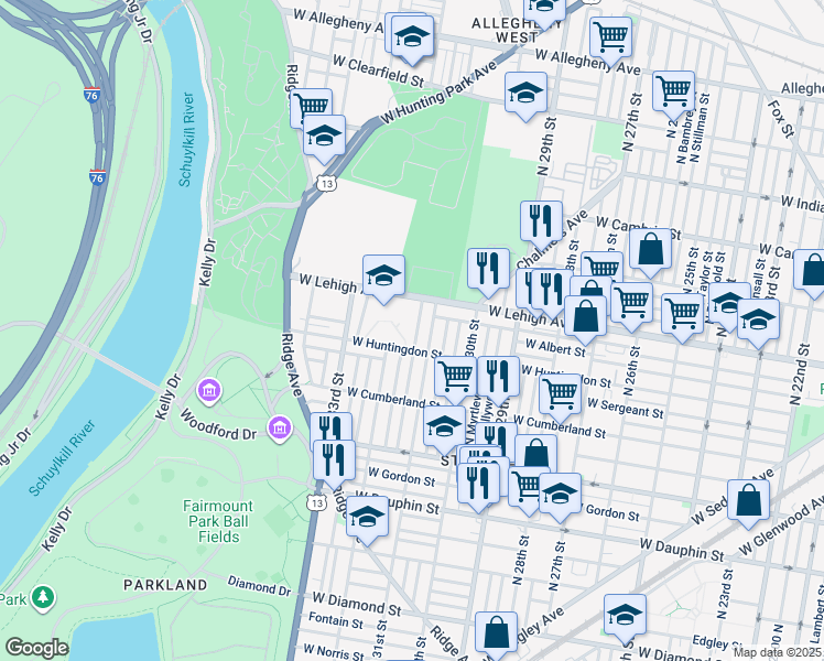 map of restaurants, bars, coffee shops, grocery stores, and more near 2624 North Napa Street in Philadelphia