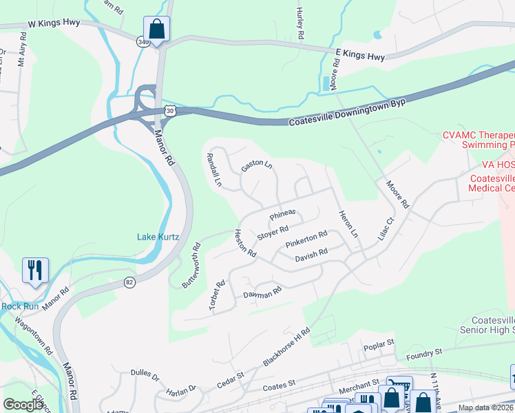 map of restaurants, bars, coffee shops, grocery stores, and more near 18 Phineas Lane in Coatesville