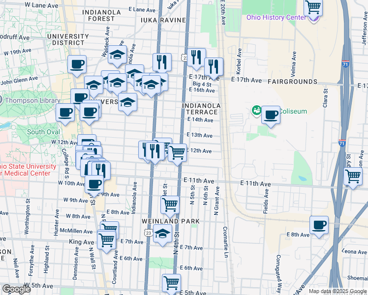 map of restaurants, bars, coffee shops, grocery stores, and more near 335 East 12th Avenue in Columbus