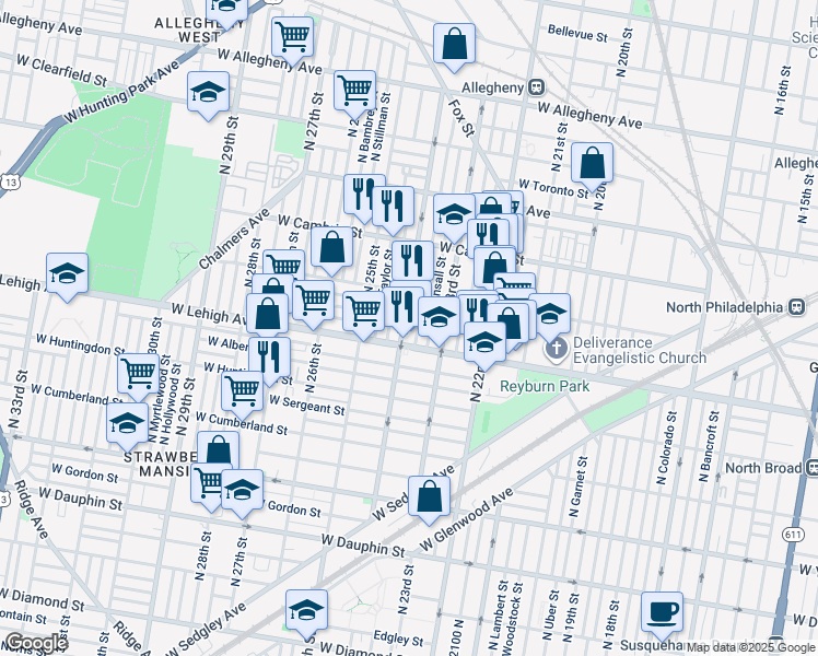 map of restaurants, bars, coffee shops, grocery stores, and more near 2721 North 24th Street in Philadelphia