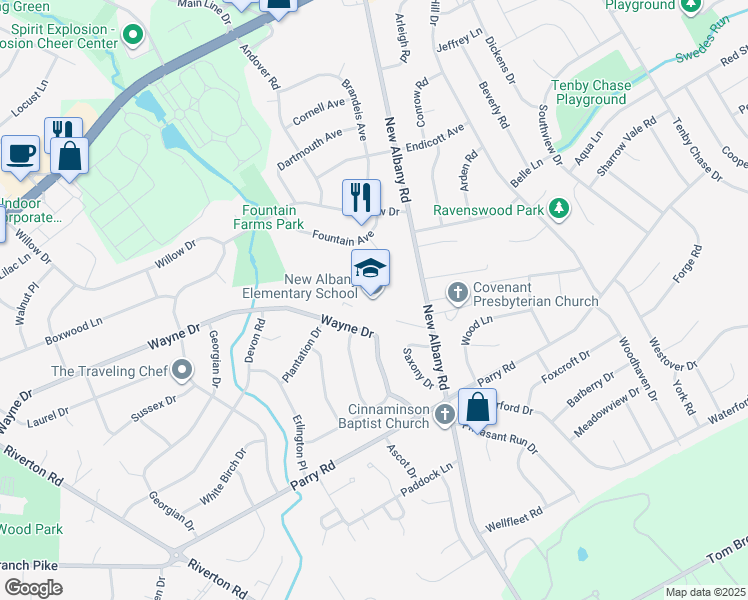 map of restaurants, bars, coffee shops, grocery stores, and more near 2701 New Albany Road in Cinnaminson
