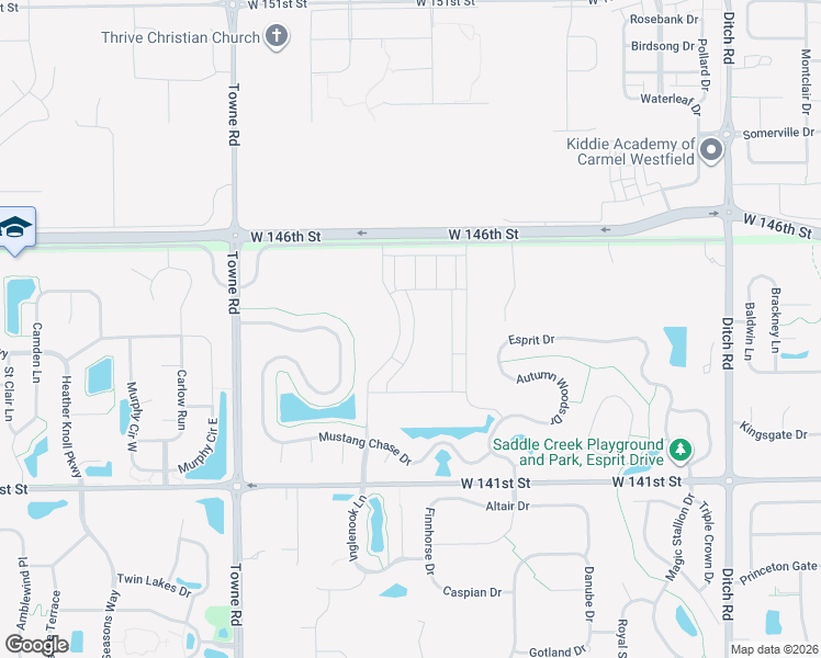 map of restaurants, bars, coffee shops, grocery stores, and more near 14377 Chariots Whisper Drive in Westfield