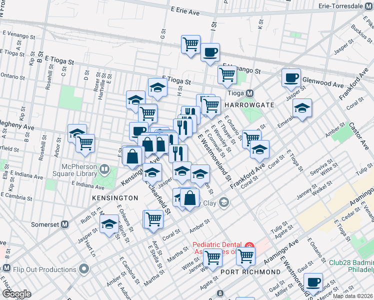 map of restaurants, bars, coffee shops, grocery stores, and more near 1829 East Allegheny Avenue in Philadelphia