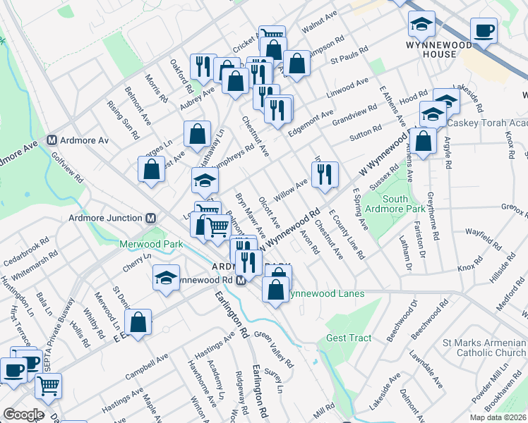 map of restaurants, bars, coffee shops, grocery stores, and more near 2432 Olcott Avenue in Ardmore