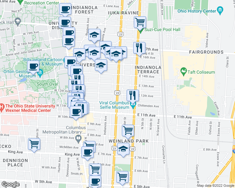 map of restaurants, bars, coffee shops, grocery stores, and more near Summit Street & East 12th Avenue in Columbus