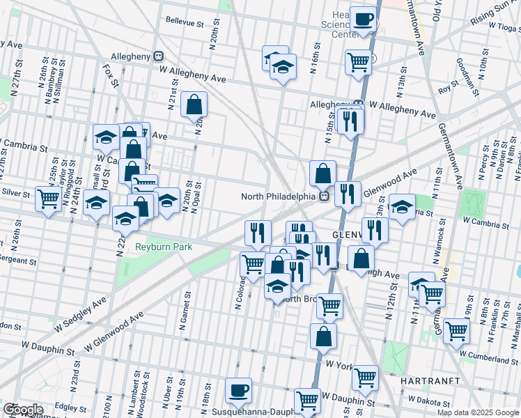 map of restaurants, bars, coffee shops, grocery stores, and more near West Sedgley Avenue in Philadelphia