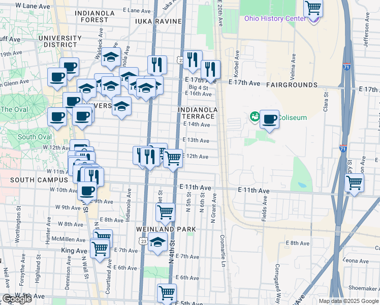 map of restaurants, bars, coffee shops, grocery stores, and more near 335 East 12th Avenue in Columbus