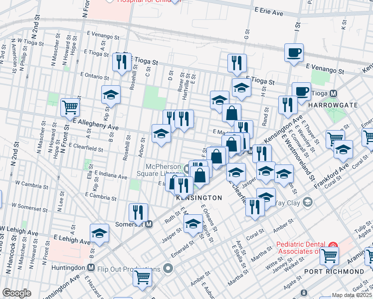 map of restaurants, bars, coffee shops, grocery stores, and more near 612 East Wishart Street in Philadelphia