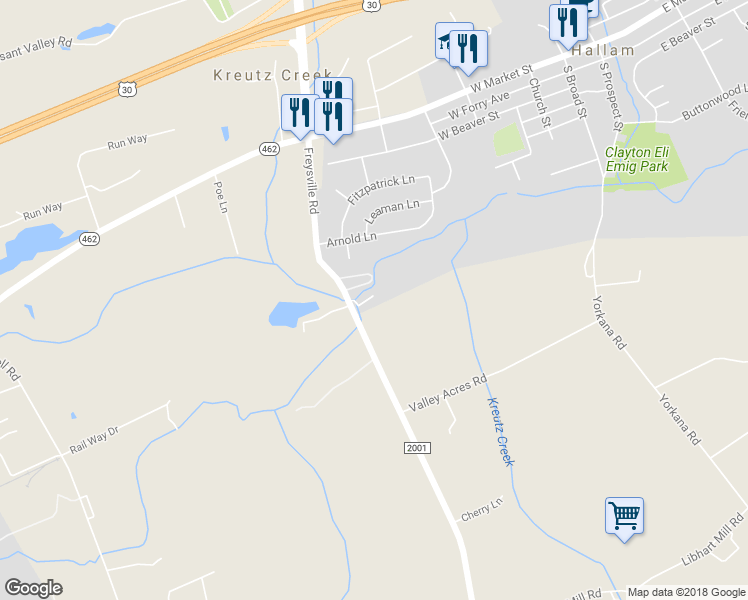 map of restaurants, bars, coffee shops, grocery stores, and more near 299 Frysville Road in Hallam