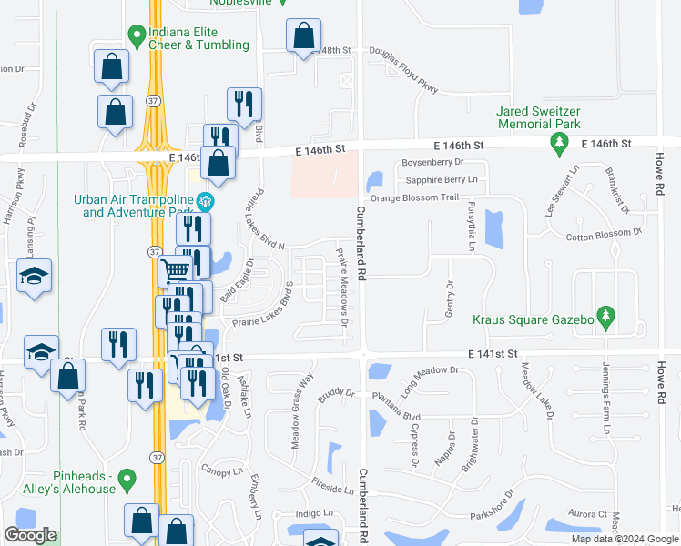 map of restaurants, bars, coffee shops, grocery stores, and more near 14323 Prairie Meadows Drive in Noblesville