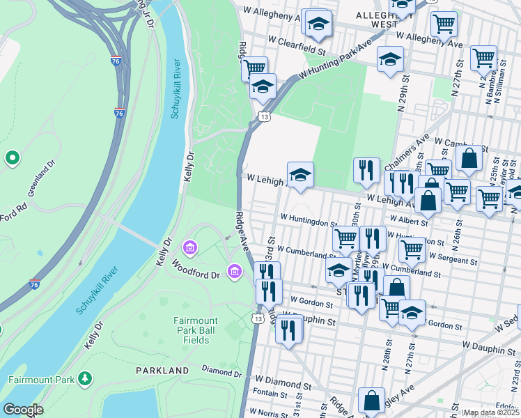 map of restaurants, bars, coffee shops, grocery stores, and more near 3329 West Huntingdon Street in Philadelphia