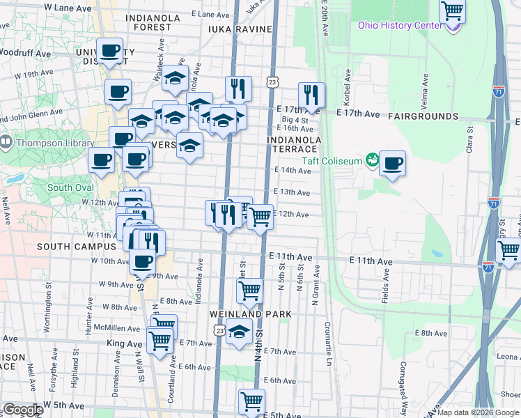 map of restaurants, bars, coffee shops, grocery stores, and more near 1637 North 4th Street in Columbus