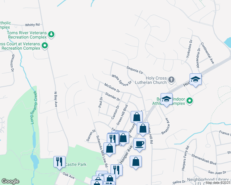 map of restaurants, bars, coffee shops, grocery stores, and more near 982 Stamler Drive in Toms River