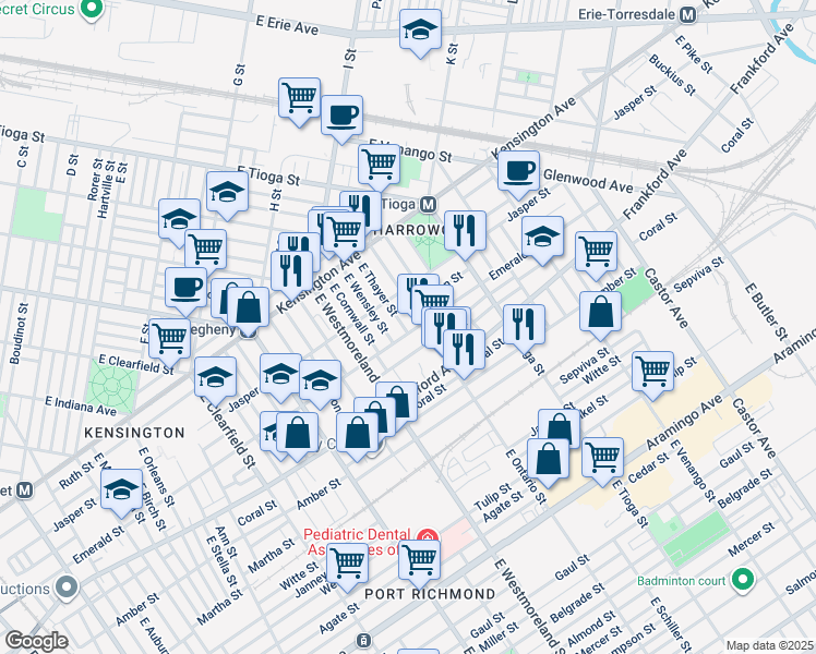 map of restaurants, bars, coffee shops, grocery stores, and more near 1945 East Thayer Street in Philadelphia