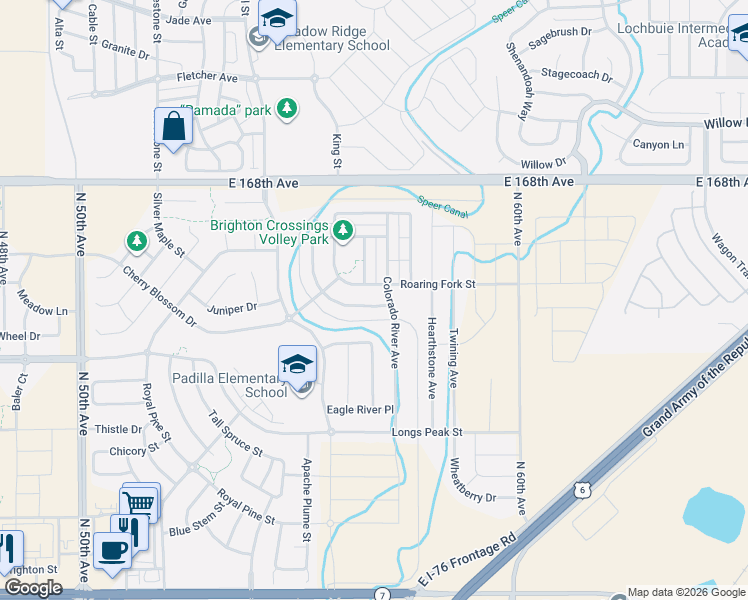 map of restaurants, bars, coffee shops, grocery stores, and more near 5760 Slate River Place in Brighton
