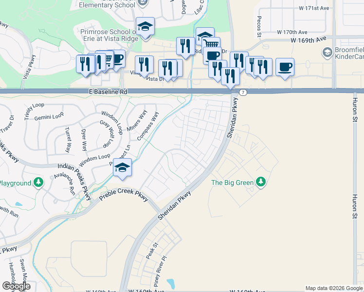 map of restaurants, bars, coffee shops, grocery stores, and more near 1964 West 166th Drive in Broomfield