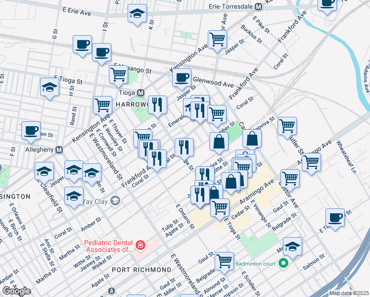 map of restaurants, bars, coffee shops, grocery stores, and more near 3515 Amber Street in Philadelphia