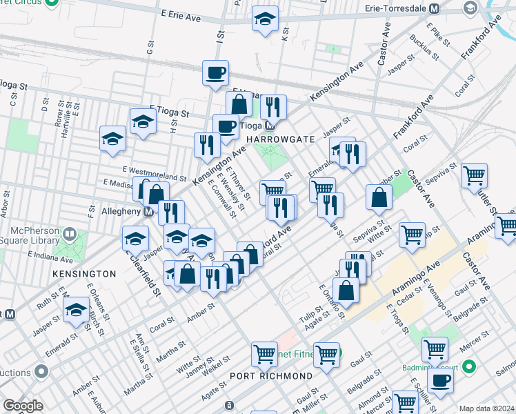 map of restaurants, bars, coffee shops, grocery stores, and more near 1945 East Thayer Street in Philadelphia
