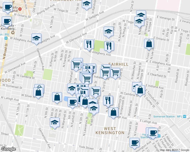 map of restaurants, bars, coffee shops, grocery stores, and more near 3001 North Lawrence Street in Philadelphia