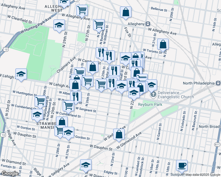map of restaurants, bars, coffee shops, grocery stores, and more near 2720 North 24th Street in Philadelphia
