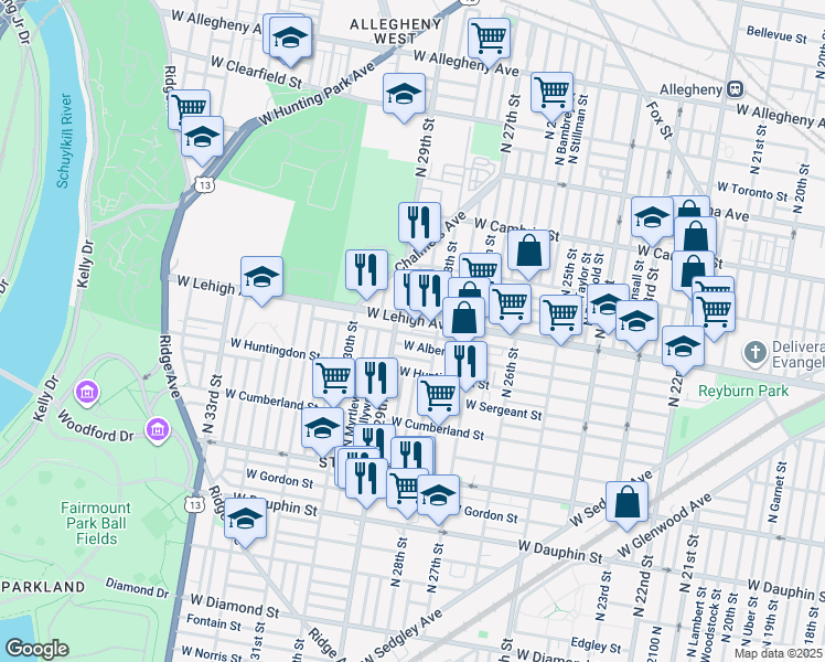 map of restaurants, bars, coffee shops, grocery stores, and more near 2835 West Oakdale Street in Philadelphia