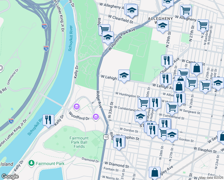 map of restaurants, bars, coffee shops, grocery stores, and more near 3313 West Sergeant Street in Philadelphia
