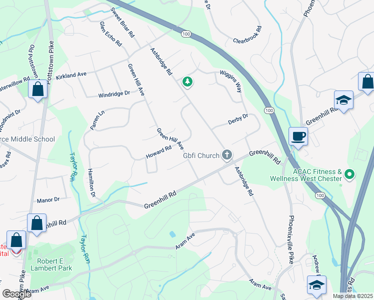 map of restaurants, bars, coffee shops, grocery stores, and more near 1217 Green Hill Avenue in West Chester