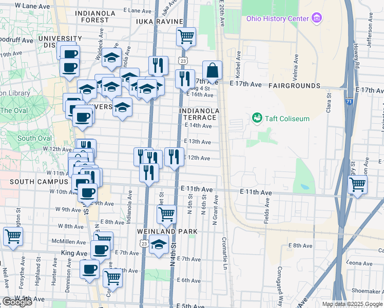 map of restaurants, bars, coffee shops, grocery stores, and more near 335 East 12th Avenue in Columbus