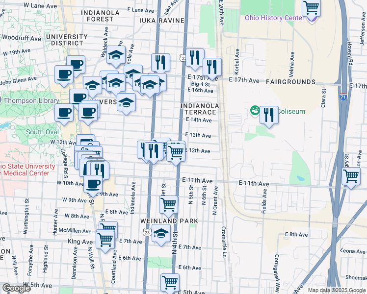 map of restaurants, bars, coffee shops, grocery stores, and more near 335 East 12th Avenue in Columbus