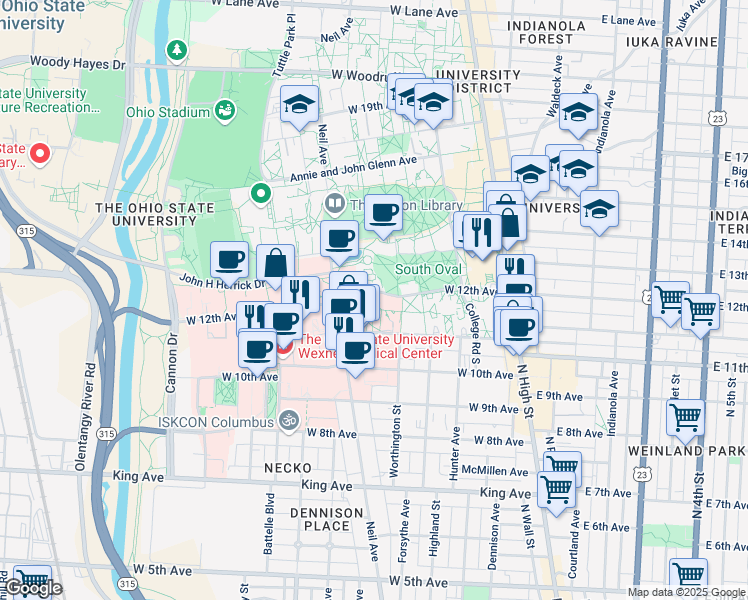 map of restaurants, bars, coffee shops, grocery stores, and more near 196 West 11th Avenue in Columbus