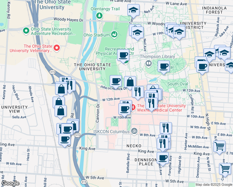 map of restaurants, bars, coffee shops, grocery stores, and more near 465 West 12th Avenue in Columbus