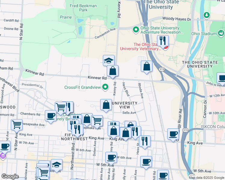 map of restaurants, bars, coffee shops, grocery stores, and more near 1791 Kenny Road in Columbus