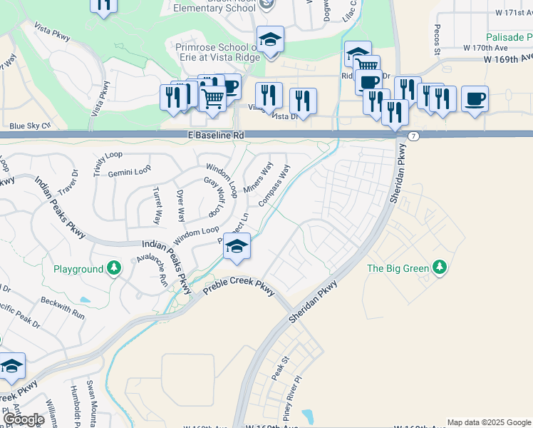 map of restaurants, bars, coffee shops, grocery stores, and more near Broomfield Trail in Broomfield