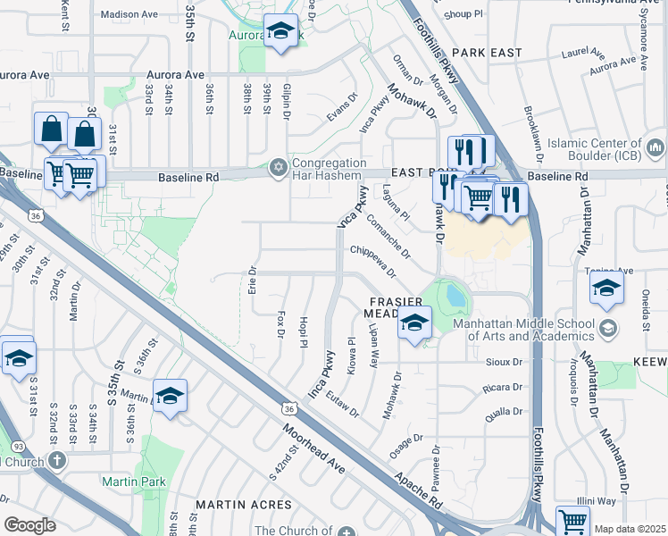 map of restaurants, bars, coffee shops, grocery stores, and more near 395 Inca Parkway in Boulder