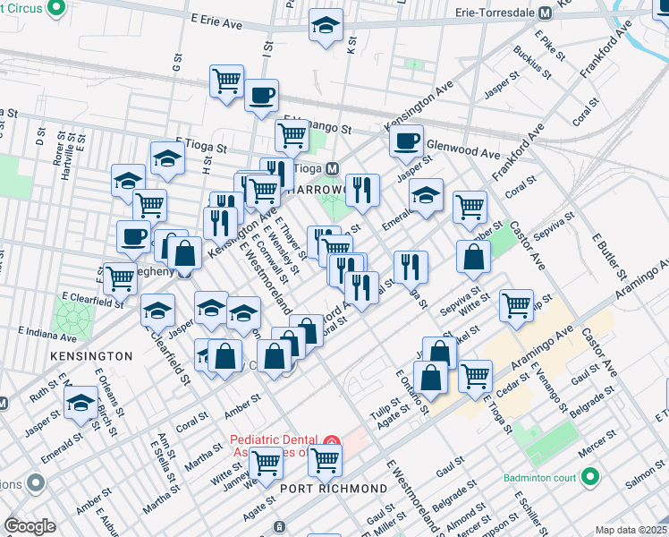 map of restaurants, bars, coffee shops, grocery stores, and more near 2007 East Ontario Street in Philadelphia