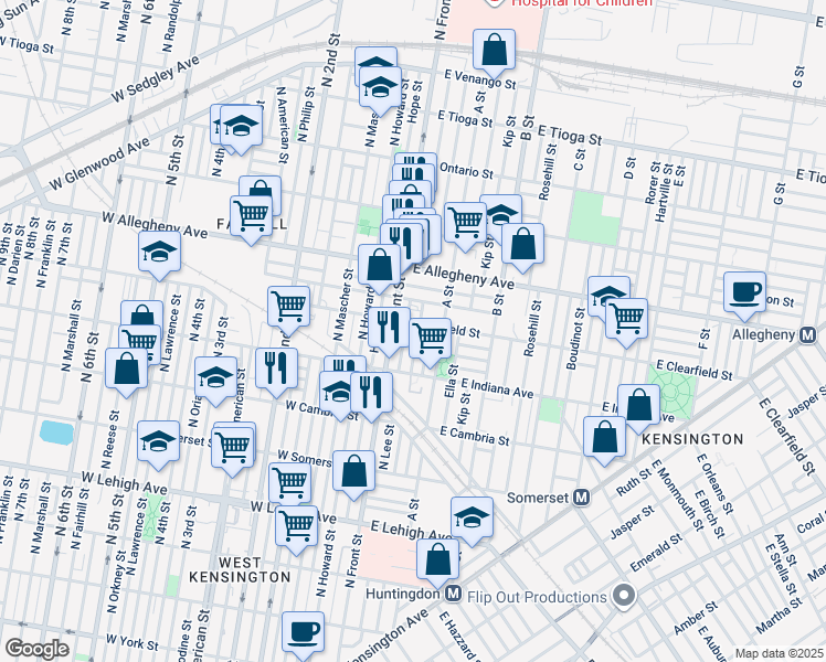 map of restaurants, bars, coffee shops, grocery stores, and more near 3060 North Water Street in Philadelphia