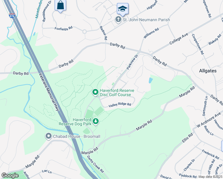 map of restaurants, bars, coffee shops, grocery stores, and more near 5396 Parkview Drive in Haverford